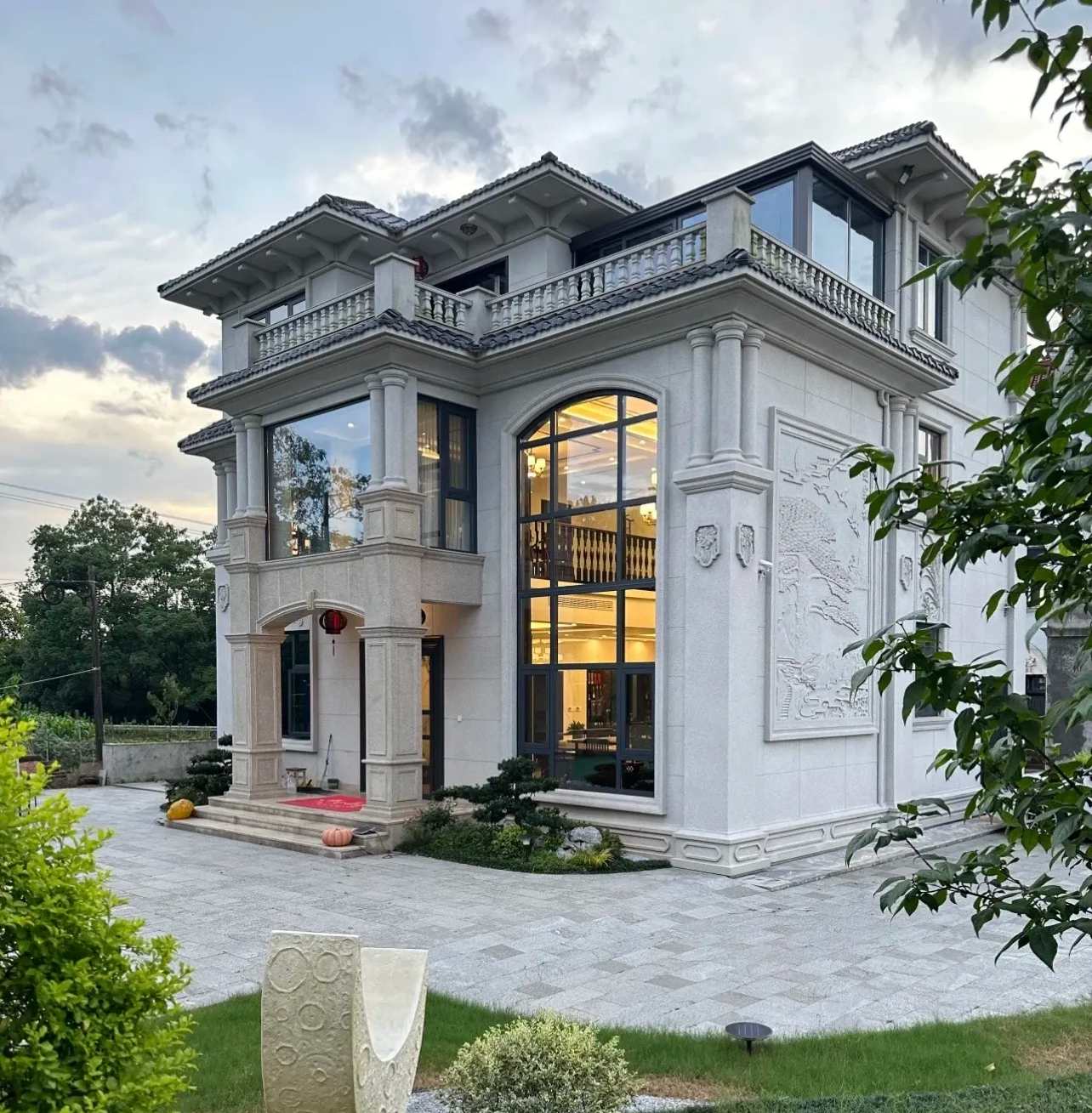 济南 白麻花岗岩私人别墅干挂石材豪华定制